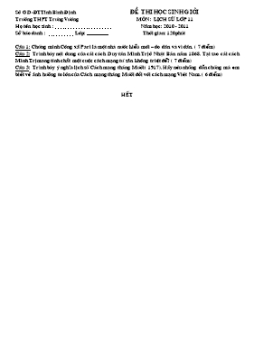 Đề và đáp án thi học sinh giỏi Lịch sử lớp 11 - Năm học 2010-2011 - Trường THPT Trưng Vương